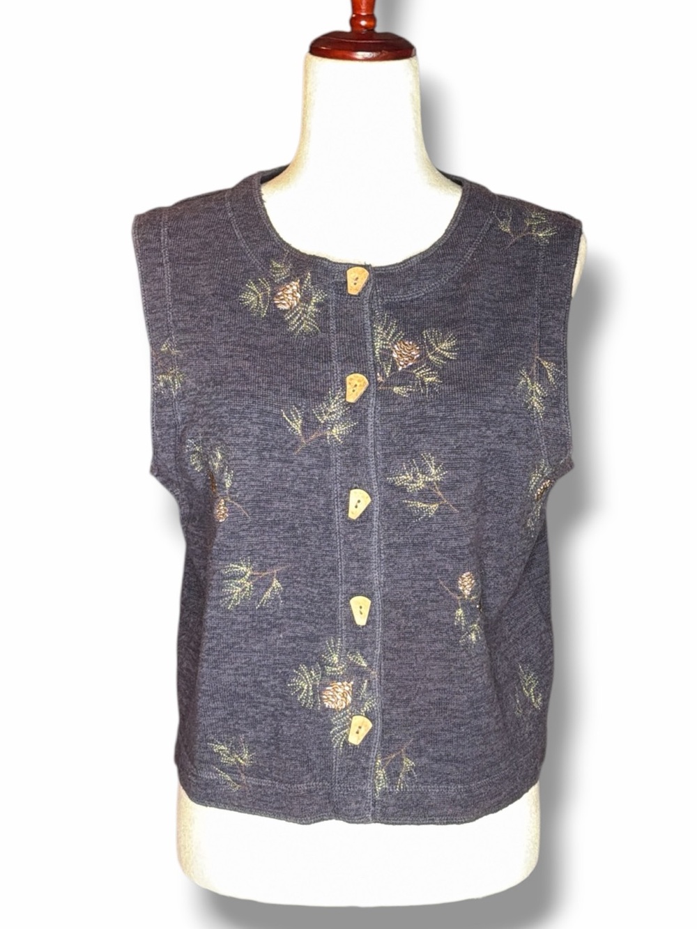 Vintage Woolrich Knit Pine Cone Wood Button Winter Vest Size Medium